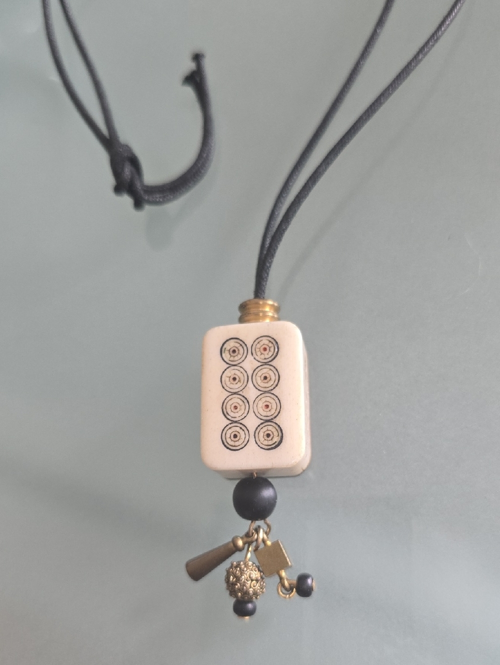 Stunning Vintage Beige Bone  Mahjongg Tile Pendant Necklace with Brass Charms!